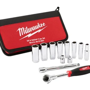 Juego de Dados Cuadrante 3/8'' 12pcs de 10 a 19mm M&eacute;tricos con Chicharra y Extensi&oacute;n 48229001 Milwaukee
