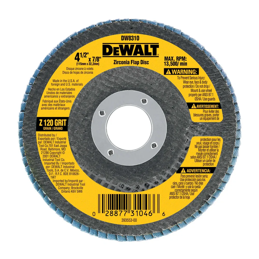 Disco Zirconio Lija Traslapada de 4.1/2" X 7/8" Grano 120 13.300 rpm Dewalt DW8310-AR