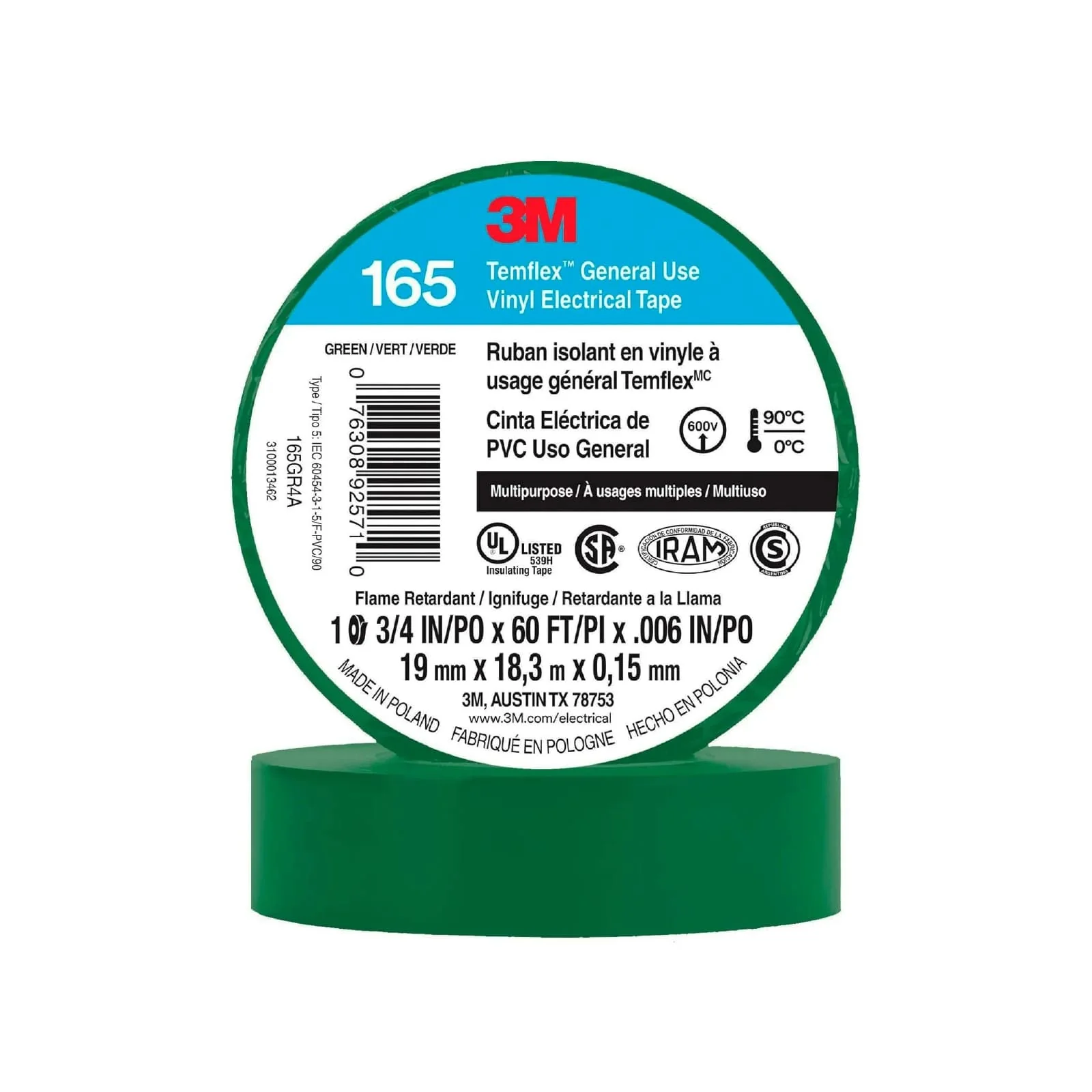 Cinta El&eacute;ctrica PVC Temflex 165 Verde 19mmx9mt - UU01034127 3M